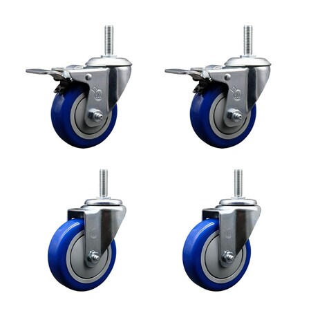 Service Caster 4 Inch Blue Polyurethane Swivel 34 Inch Threaded Stem Caster Set 2 Total Lock Brakes SCC-TSTTL20S414-PPUB-BLUE-34212-2-S2